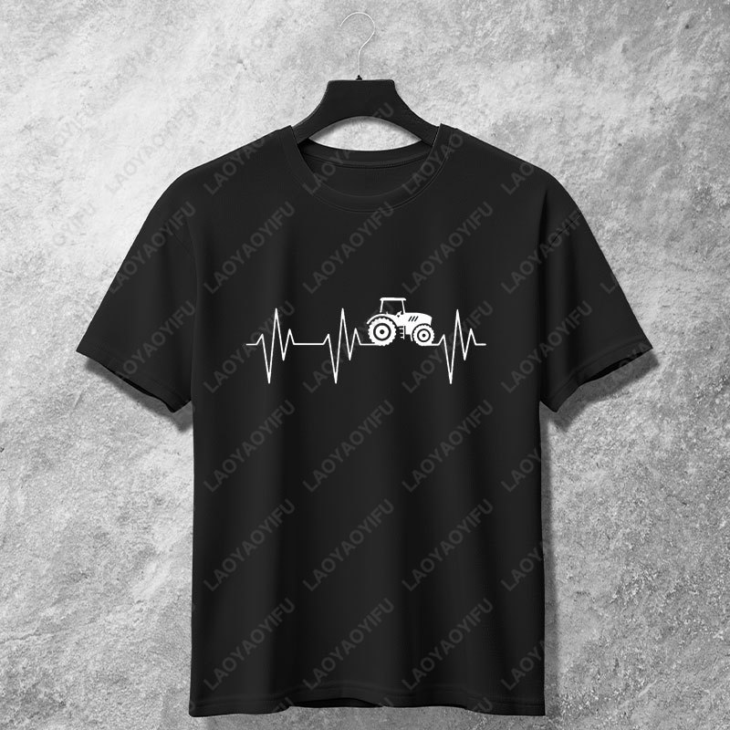 Agriculture Farming Cartoon - 面白いファームトラクターハートビートグラフィックTシャツ半袖ピュアコットンTシャツ農業活動やカジュアルウェアに最適